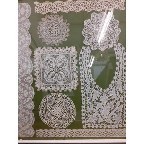 109 - Eight samples of early 20th century crochet lace to include a collar, possibly Honiton, all mounted ... 