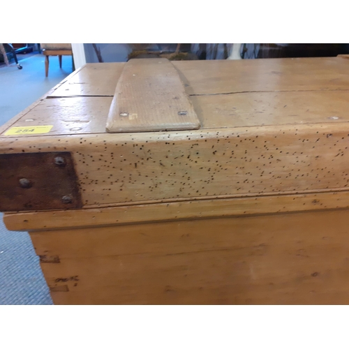 254 - A small pine chest with iron brackets and side handles, 40cm h x 80cm w x 50cm d
Condition: woodworm... 