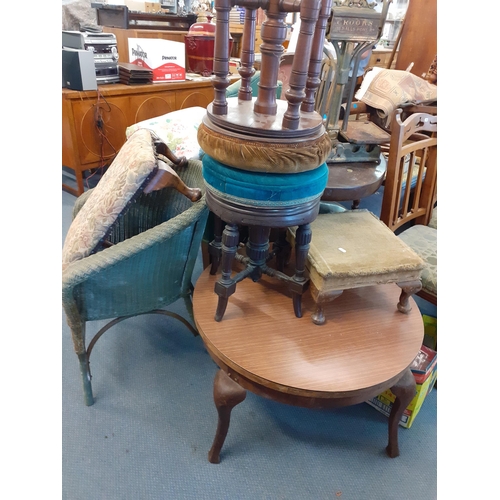 309 - A large quantity of vintage stools, most requiring attention and other items to include a laminated ... 