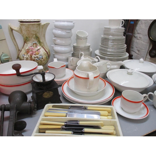 181 - A selection of household china, silver plate and kitchenalia to include Johnson Bros part dinner and... 