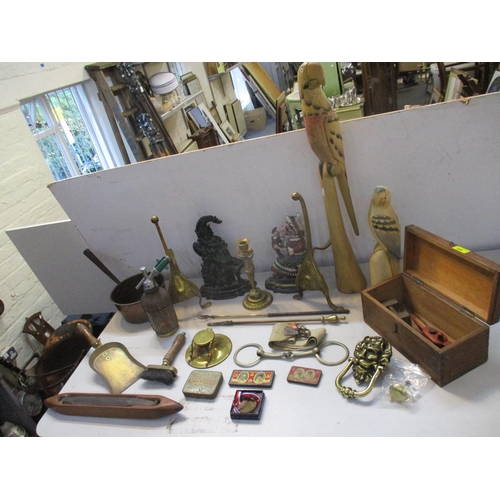 188 - A mixed lot of mainly metalware to include Punch and Judy painted cast metal door stops, brass desk ... 