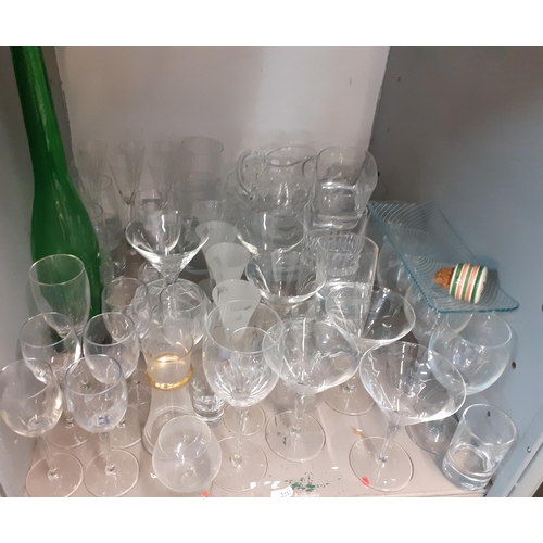 358 - Domestic glassware to include pedestal wine glasses and mixed decanters together with three table la... 