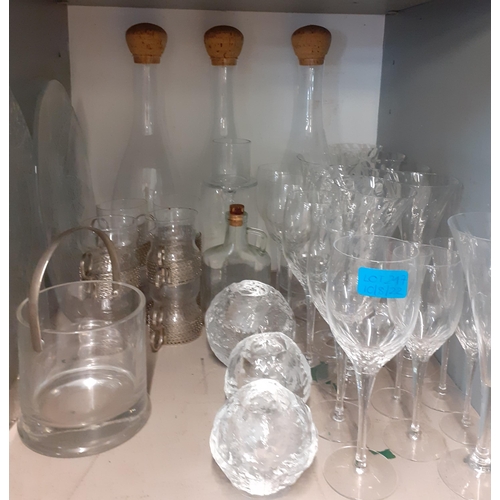 358 - Domestic glassware to include pedestal wine glasses and mixed decanters together with three table la... 