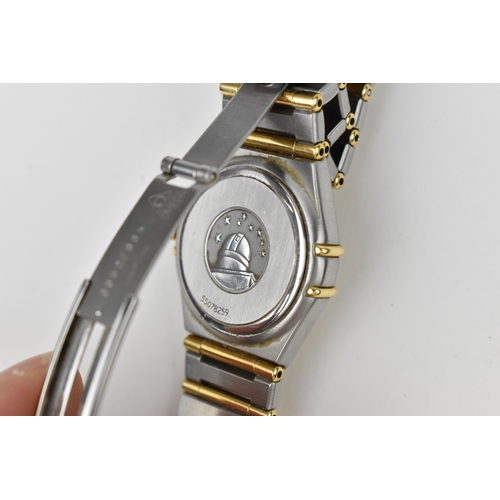 361 - An Omega quartz ladies gold and stainless steel wristwatch having a white enamel dial with gilt bato... 