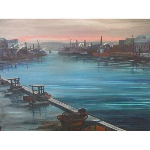 377 - W J Cadge - Early Morning Industrial harbour scene, oil on board, 49cm x 64cm, framed, together with... 