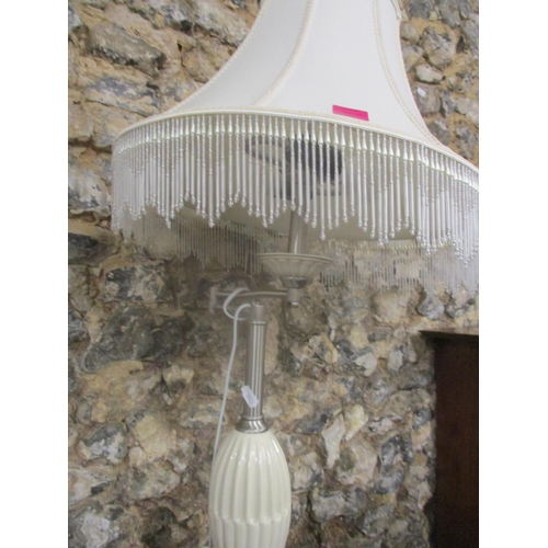 413 - Small furniture to include a brush polished metal and pottery standard lamp with shade having tassel... 