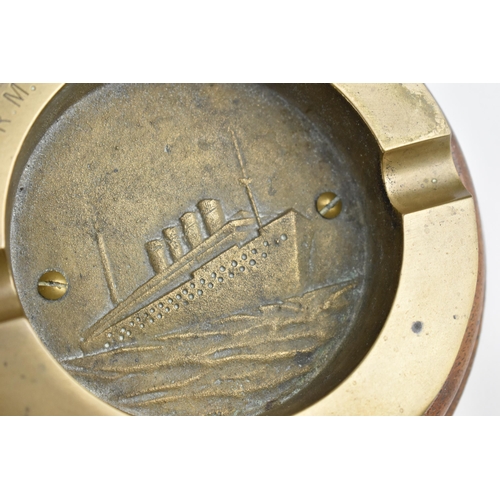 424 - An early 20th century ashtray, made from brass and teak taken from the R.M.S Mauretania 1907-1935, t... 