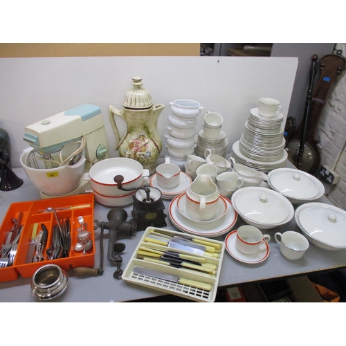 181 - A selection of household china, silver plate and kitchenalia to include Johnson Bros part dinner and... 