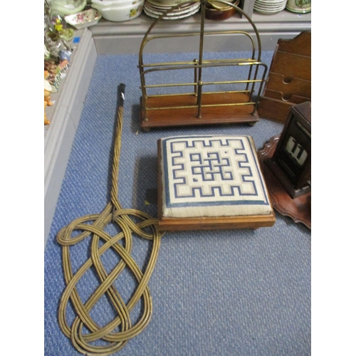 190 - A mixed lot to include a mahogany letter rack, a metronome, and an oak desk date calendar, a brass a... 