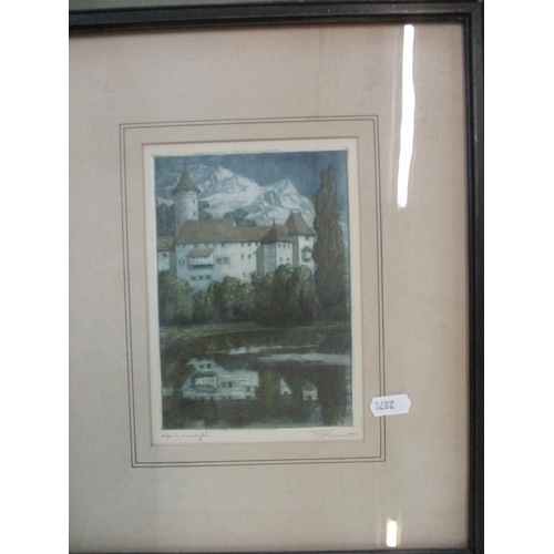 267 - A mixed group of framed and glazed prints and an etching to include F Marriott - Alp by Moonlight, s... 