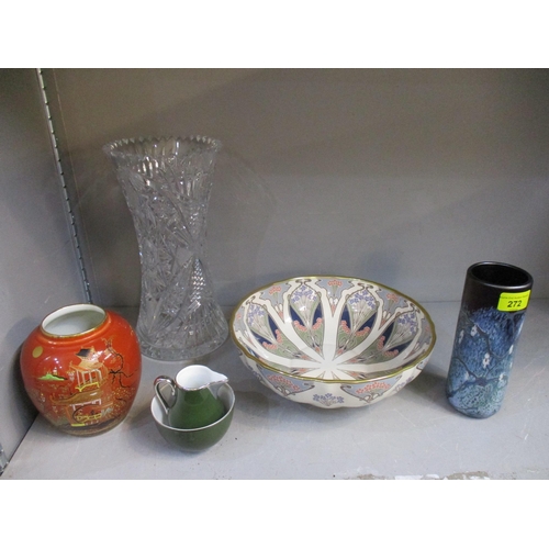 272 - A selection of ceramics and glassware to include an Okra glass cylinder vase in an amethyst Charnock... 