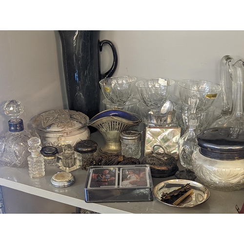 302 - A mixed lot of glassware, silver plate and metalware to include cased silver plate sets of spoons an... 