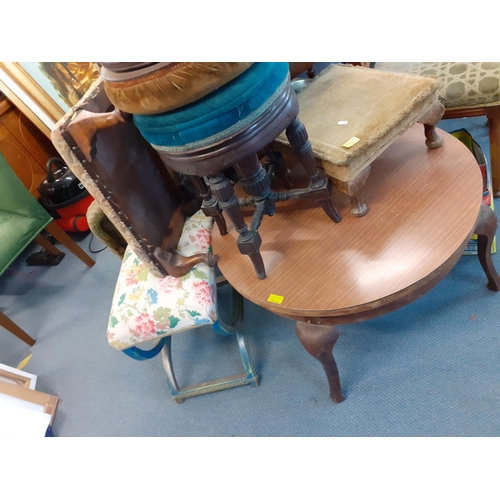 309 - A large quantity of vintage stools, most requiring attention and other items to include a laminated ... 