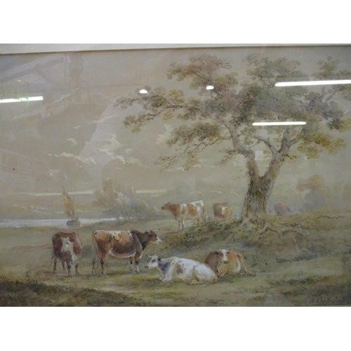 264 - Henry Earp Senior (1831-1914) - rural landscape with cattle by a tree and a boat on a river to the b... 