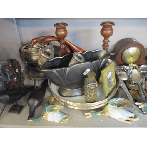 290 - A mixed lot to include various silver plate items, oak mantel clock, Royal Dux duck wall plaques, Da... 