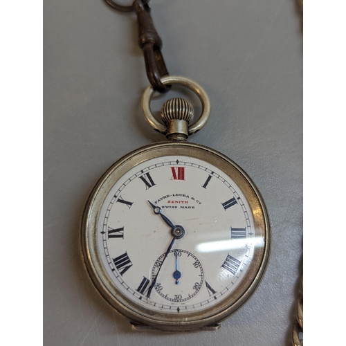 382 - An early 20th century Fabre Leuba silver cased pocket watch on silver watch chain, and a boxed East ... 