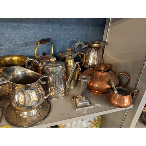 158 - A selection of mainly metalware to include silver plated candlesticks, tea pot, jug, brass and coppe... 