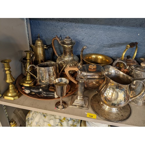 158 - A selection of mainly metalware to include silver plated candlesticks, tea pot, jug, brass and coppe... 