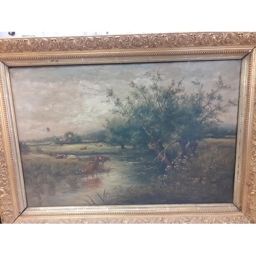 92 - J Farnshaw-Brown - Cows resting, oil on canvas, signed lower left hand corner, 40cm x 60cm in a gilt... 