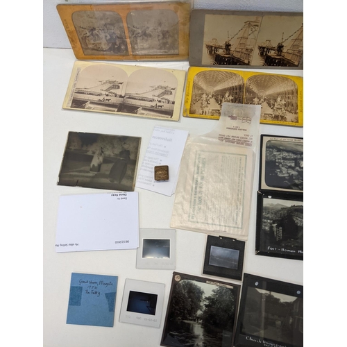 238 - A mixed lot to include stereograph slides, glass negatives and a Vermin club badge
Location: R2.5