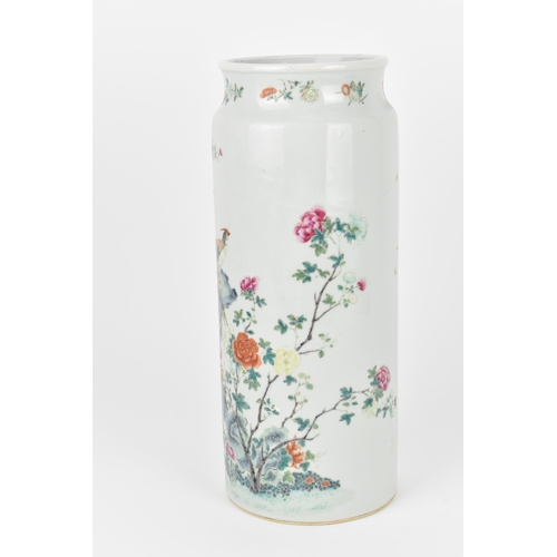 1 - A Qing dynasty Famille Rose porcelain sleeve vase, 19th century, of cylindrical form with naturalist... 