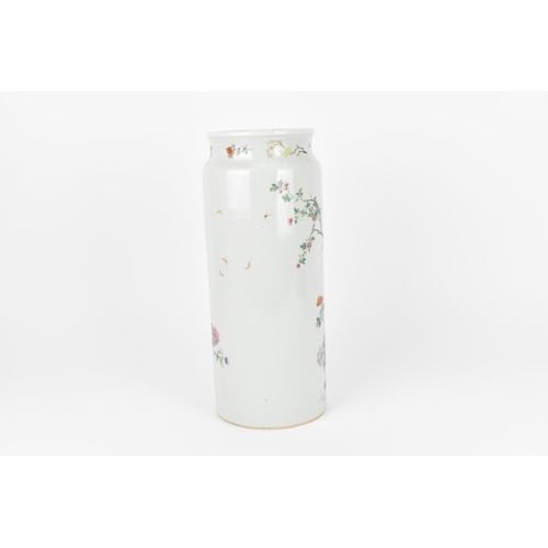 1 - A Qing dynasty Famille Rose porcelain sleeve vase, 19th century, of cylindrical form with naturalist... 