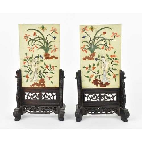 14 - A pair of Chinese jade and hardstone table screens, early 20th century, each with central vertical r... 