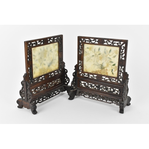 2 - A pair of Chinese jade and hardstone table screens, early 20th century, each with central rectangula... 