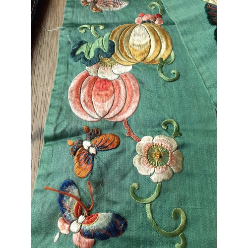 62 - A 19th Century Chinese Qing Dynasty green silk ground belt/sash finely embroidered in a satin stitch... 