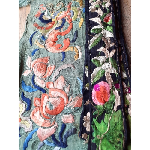 62 - A 19th Century Chinese Qing Dynasty green silk ground belt/sash finely embroidered in a satin stitch... 