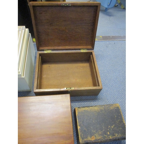 264 - Boxes to include a Victorian walnut writing slope, an oak box, a Saccherometer (glucometer) box by J... 