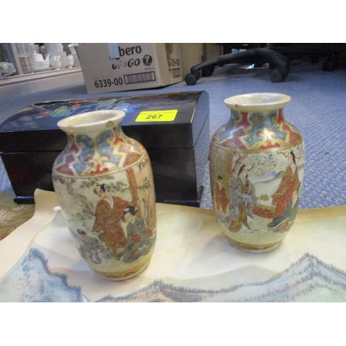 267 - Oriental collectables to include a pair of Japanese Satsuma vases, a painting on fabric, a set of th... 