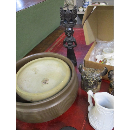 75 - A mixed lot to include two Victorian pot lids in ebonized frames, collection of crested china, woode... 