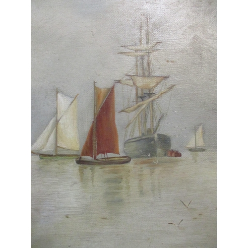 87 - A D - sail boats moored off the coast, oil painting on canvas in the naïve style, monogram and dated... 