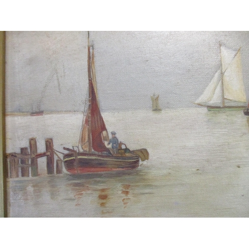 87 - A D - sail boats moored off the coast, oil painting on canvas in the naïve style, monogram and dated... 