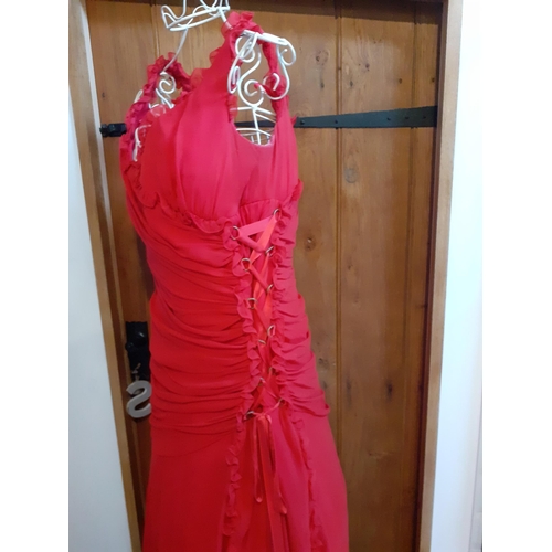 16 - A Bellville Sassoon Lorcan Mullany, red evening gown having a criss-cross ribbon design to the left ... 