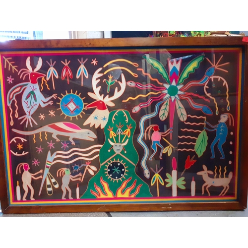 30 - A large 20th Century Mexican Huichol yarn framed tapestry in vibrant colours depicting animals and f... 