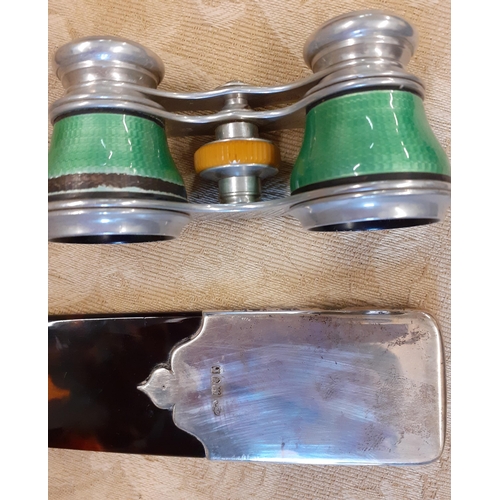 240 - A pair of Voigtlander green enamelled and silver tone opera glasses together with a leather case, a ... 