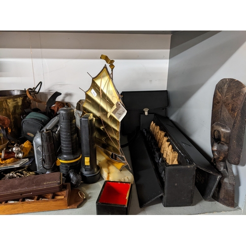 97 - A mixed lot to include a chess set, binoculars, cameras, thimbles and other items
Location: G