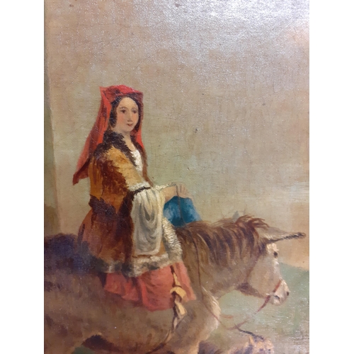 399 - Late 19th century oil on canvas of a girl on a donkey with a landscape beyond, 39cm x 29cm in a gold... 