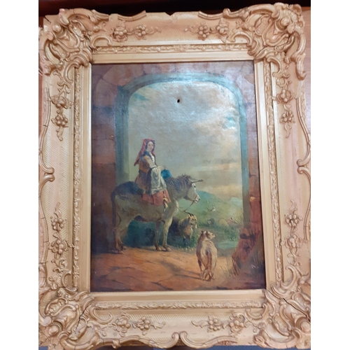 399 - Late 19th century oil on canvas of a girl on a donkey with a landscape beyond, 39cm x 29cm in a gold... 