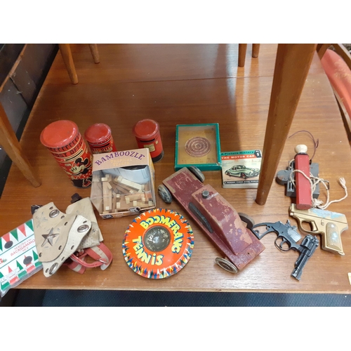 416 - Vintage wooden children's toys to include a ride on and push along horse, tin plate toys A/F, a Lesn... 