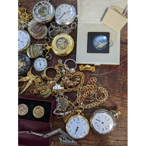 443 - A mixed lot to include pocket watches, pocket watch chains, necklaces, rings, costume jewellery and ... 