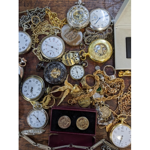 443 - A mixed lot to include pocket watches, pocket watch chains, necklaces, rings, costume jewellery and ... 