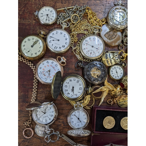 443 - A mixed lot to include pocket watches, pocket watch chains, necklaces, rings, costume jewellery and ... 