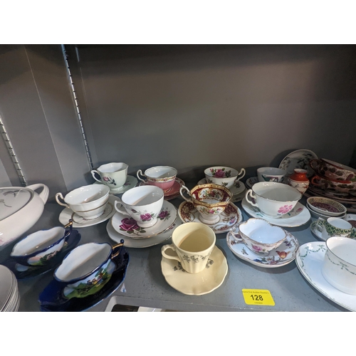 128 - A collection of tea cups and saucers and other ceramics to include Japanese examples, Anysley, Susse... 