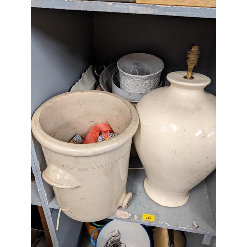 249 - Kitchenalia to include a Doulton & Co improved breadbin pan, an enamelled bread bin, along with lamp... 