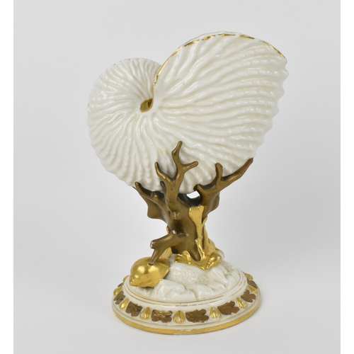 243 - A late 19th century Royal Worcester nautilus spoon warmer of ivory ground with gilt border, on a nat... 