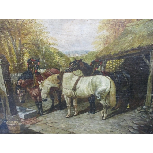 310 - A late 20th century reproduction oil painting on board depicting carriage horses by a water trough a... 