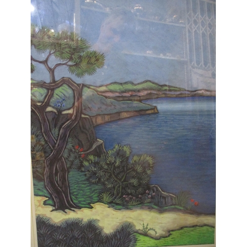 428 - A group of three framed and glazed pictures - Frangou - gouache/watercolour, coastal headland with a... 